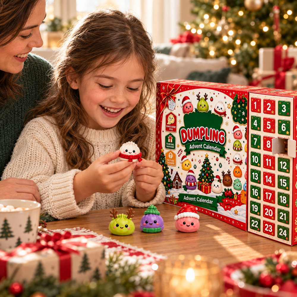 Child and parent discovering a squishy dumpling beside the Christmas advent calendar