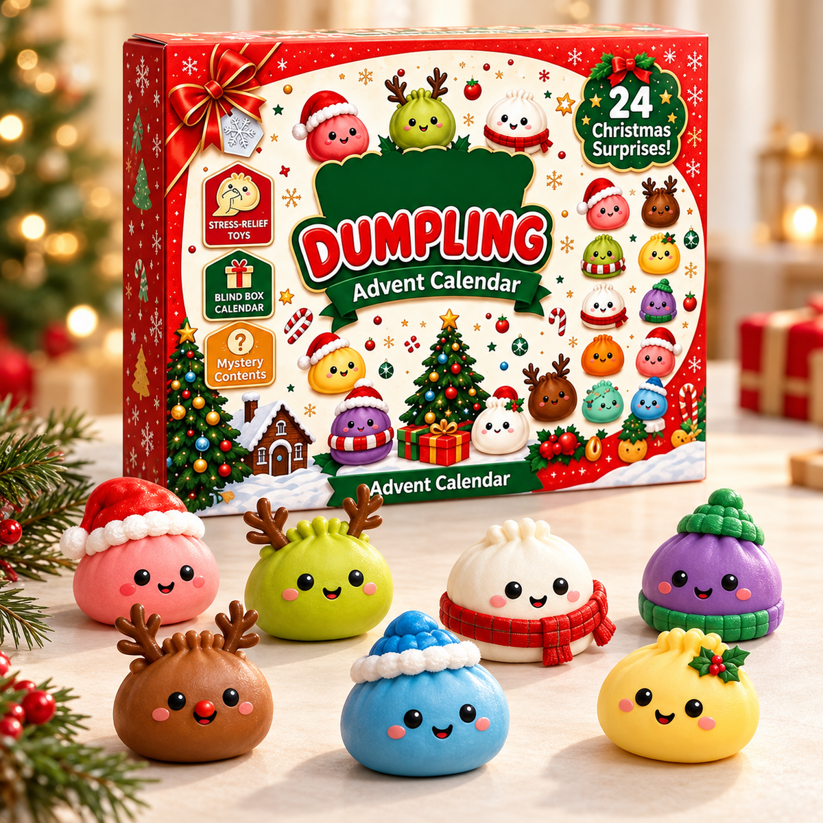 Dumpling advent calendar with seven colourful holiday squishy characters